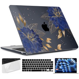 TWOLSKOO for M3 MacBook Air 13.6 Inch Case 2024-2022 A3113 A2681 M2 with Touch ID & Retina Display, Plastic Hard Shell Cover with Screen Protector & Keyboard Cover & Trackpad Film, Dahlia Flowers