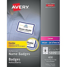 Avery Flexible Name Badges for Laser and Inkjet Printers, 3-3/8" x 2-1/3", Blue Border, Rectangle, 400 Pack (5895)