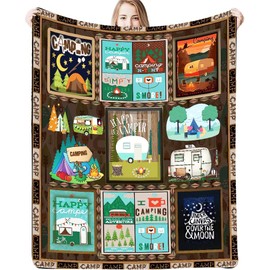 LINGXUQK Camping Flannel Fleece Blanket Retro Camping Bus Flannel Blanket Camper Decor Happy Camper Lightweight Warm and Comfortable Plush Blanket