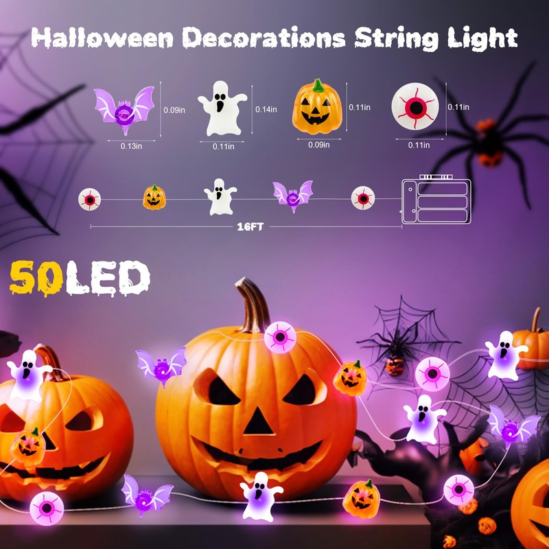 Halloween String Lights, 16 ft 50 LED Pumpkin Bat Eyes