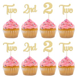 24 piezas de decoración para cupcakes de 2º cumpleaños con brillantina para segundo cumpleaños, dos púas para cupcakes para baby shower, 2º cumpleaños, aniversario, fiesta, decoración de pasteles, suministros dorados