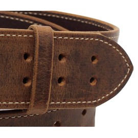 Construction Grade, Two Prong, Heavy Duty, Full Grain Leather Belt, 2” Wide, Made in USA (Distressed Brown, Natural Stitch, Silver Buckle, 54" (Waist 52))