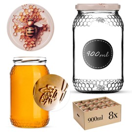 KADAX Honey Jars, 900 ml, Preserving Jars with Fi82 mm Screw Lid, Jars for Honey, Jam Jars, Screw Jars, Preserving Jars (Honeycomb, Pack of 8)
