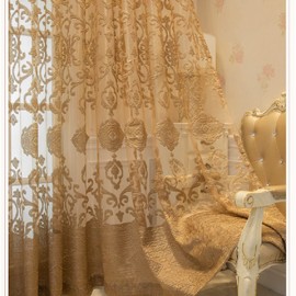 Amidoudou 1 Pair Luxury European Sheer Curtains Hollow Embroidered Tulle Curtains for Bedroom Living Room (Gold,54x90 Inch)