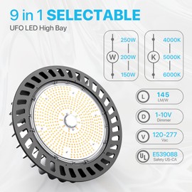 HYPERLITE UFO LED High Bay Light: 250W 36,250LM (145LM/W) 1-10V Dimmable, UL Listed 4000K High Bay LED Light for Shop Shopping Mall Exhibition Hall, Alternative to 1000W MH/HPS, 5-Year WNTY