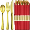 Pre Rolled Gold Plastic Silverware with Red Napkins, 30Pack Red