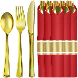Pre Rolled Gold Plastic Silverware with Red Napkins, 30Pack Red Rolled Cutlery with Napkins, Heavy Duty Red Rolled Plastic Silverware, Rolled Cutlery with Christmas Napkins for Christmas Party