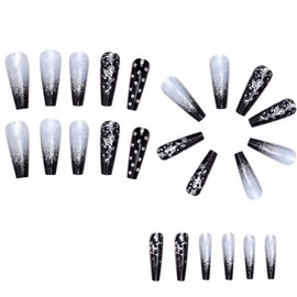 Snblzhef Black Gradient Applique Diamond False Nails Long Coffin Nail Tips Glitter Diamond Nails Nail Art
