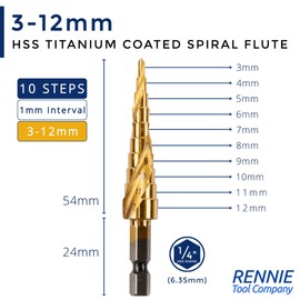 3 Pack - 3mm to 12mm Spiral Flute Step Drill Bits High Speed Steel Titanium Coated, Metric Hex Shank, HSS Tool Set for DIY Plastic Wood Steel Metal Aluminum. Cone Cutter Hole Cutter Drill Bits