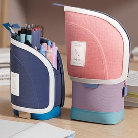 BAYTORY Retractable Standing Federmäppchen, Großes Fassungsvermögen Segeltuch Stifthalter, 2-in1 Reißverschluß Federtasche (Rosa)