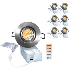 POPANU Premium Canless Recessed Gimbal Downlight Rotatable-Spotlight 5 CCT Eyeball Ceilling Potlight, Dimmable Lights Fixture with Junction Box, 8W CCT Adjustable (Brushed Nickel, 3 Inch)