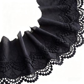 Black Embroidered Lace Trim, 14cm Width 2 Yards Soft Cotton Double Layer Embroidery for Clothing Sewing, Dress Hem Neckline Cuffs Home Decor DIY Craft
