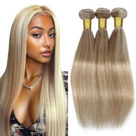 Dokksiiia Highlight Piano Color Bundles Human Hair Ombre P27/613 Honey Blonde and Light Blonde Mix Straight Bundles Double Weft Brazilian Human Hair Extensions Sew-In for Women 24/26/28 Inch