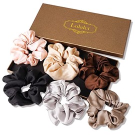 Lolalet Hair Bobbles Silk Scrunchies Satin for Women, Soft Elastic Silk Skrunschis Large for Women Girls 6 Colours – Black, Brown, Grey, Champagne, Light Pink, Silver (Pack of 6)