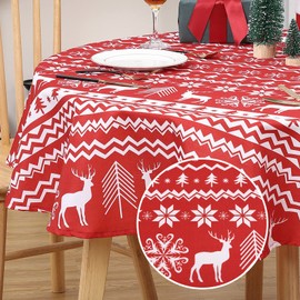 LinTimes Christmas Table Cloth Christmas Reindeer Snowflake Print Tablecloth Tablecloth for Christmas Dinner Party Kitchen Decoration 60 Inch Rounds Red