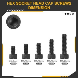 DTGN M5x0.8x8/10/12/16/20 Hex Socket Head Cap Screws Blots Assortment Kit - 50Pack - Good for Mountain Bike, Auto, Motorcycle - Carbon Steel Machine Screws Bolts - Black