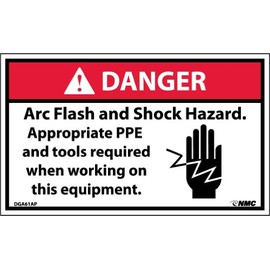NMC DGA61AP Arc Flash Labels with Graphic, "Danger Arc Flash and Shock Hazard Appropriate PPE...", 5" Width x 3" Height, Pressure Sensitive Vinyl, Red/Black on White (Pack of 5)