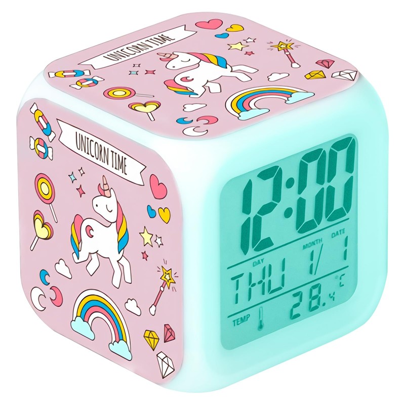 Cisixin Digital Alarm Clock Unicorn Colourful Square Girls LED Illuminated