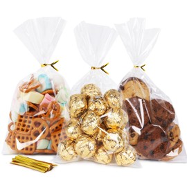 SUREHOME Cellophane Bags, 100 Pack Clear Gift Bag Cellophane Treat Bags with Ties 6x10 Inch Plastic Small Cello Candy Bag for Birthday Party Favors Goodie valentines Cookies Bakery Snack Popcorn Wraps