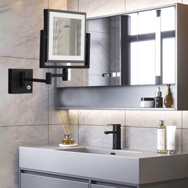 RECKODOR Direct Wire Makeup Magnifying Mirror Wall Mounted, 8 Inch Double Sided 1X/3X Magnification, Touch Dimmable, Brass 360 Swing Extension Arm, Square Frame, Brighter 7W LED Light, Matte Black