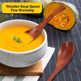 Wooden Soup Spoon 2pcs, Japanese Ramen Soup Spoons 6.1 inches Short Handle Table Spoons Kitchen Cooking Tasting Dinner Spoon