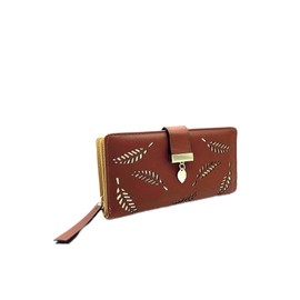 HXT-OAK Women's Hollow Leaf Shape PU Leather Wallet with Leaf Pendant with 12 Card Slots and Zip Coin Pocket, brown, Fashionable