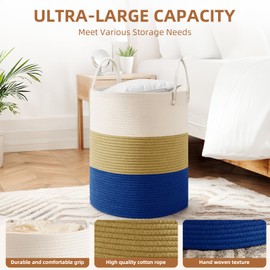 JGNYMG Cotton Rope Basket，Large Blanket Basket for Living Room,Woven cotton rope laundry baskets，For Bathroom Dirty Clothes ，Nursery Toys，pillow storage organization, 80L,white and dark blue.