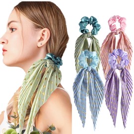 Satin Chiffon Scrunchies 4 Pack with Glitter Ribbons Non-Slip Ponytail Thick Hair Ties Women Gentle Elastic Bows Hair Bands for Gym Yoga Daily Use