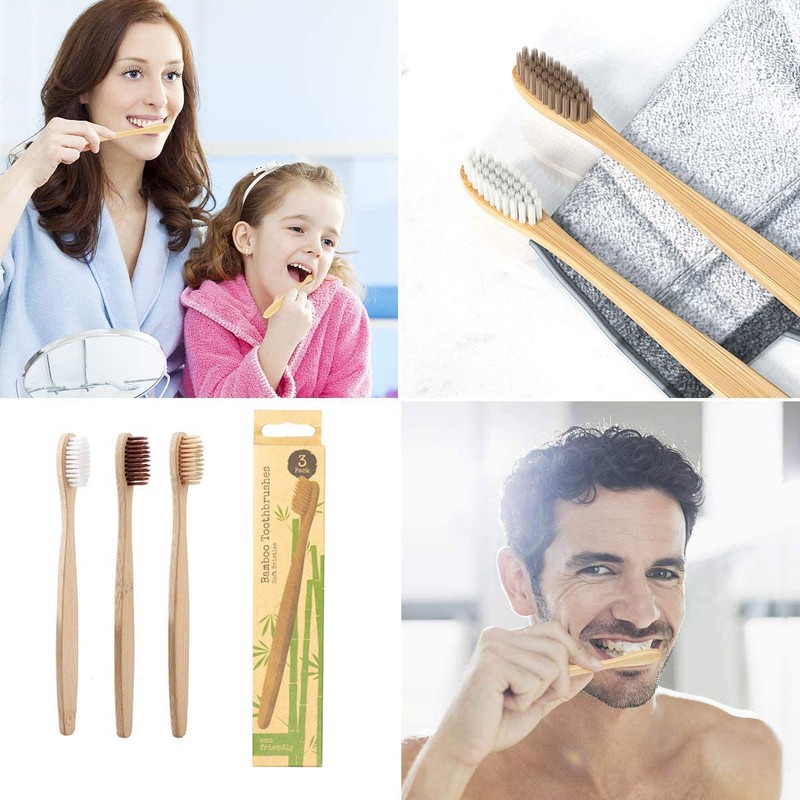 3pk Family Eco-Friendly and Natural Organic Wooden Bamboo Toothbrushes, Biodegradable,