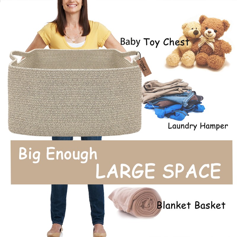 COMFY-HOMI Large Rectangular Blanket Basket, Woven Cotton Rope Baskets for
