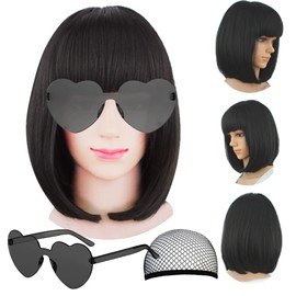 LIULIUBTY Short Bob Hair Wigs Straight with Flat Bangs Synthetic Colorful Cosplay Daily Party Neon Wig for Women + Free Wig Cap 16" Natural As Real