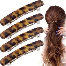 STSTR 4PCS French Barrette Hair Clips for Women, 2.48 Inch Small Tortoise Shell Hair Clip, Curved Glossy Thin Hair Flat Hair Accessories for Women - Leopard Color, Oval Style