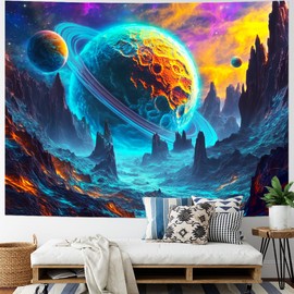 Yuiqear Psychedelic Planet Tapestry Trippy Galaxy Space Tapestries Neon Starry Sky Wall Decor Mysterious Universe Mountain Tapestry Wall Hanging for Bedroom