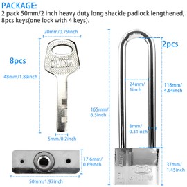2 Pack Lengthened Padlock with 8Pcs Not Universal Keys,50mm/1.97 Inch Long Shackle Padlocks, Heavy Duty Weatherproof Padlock, Padlocks Outdoor Lock for Warehouse Shed Gym Locker Fence Garage