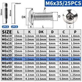 XRXYMQ M6 Bolts 25 Pcs Bolt M6 x 35 mm Hex Socket Button Head Screws Stainless Steel Bolts A2 Machine Screw for Home Furniture Wood Assembly Repair Industrial Electronic