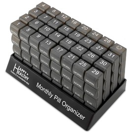 Pastillero organizador mensual, 4 veces al día, mañana, mediodía y noche, 32 pastilleros diarios grandes con compartimentos para vitaminas, suplementos, medicamentos, organizador mensual de pastillas, color negro