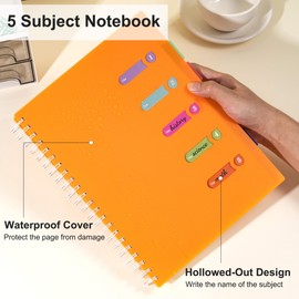 Yoment 5 Subject Notebook College Ruled Spiral Notebook 5x7 with Removable Dividers 270 Pages Notebooks for Work Multi Subject Notebook with 5 Tabs Organizer Notebook for Note Taking School, A5 Orange