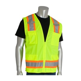 PIP 302-0500-YEL/XL ANSI Class 2 Two-Tone Six Pocket Surveyors Vest with Solid Front and Mesh Back