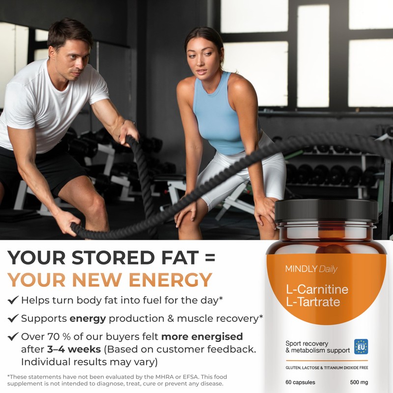 MINDLY L-Carnitine L-Tartrate 500mg - 60 High Purity Vegan Capsules