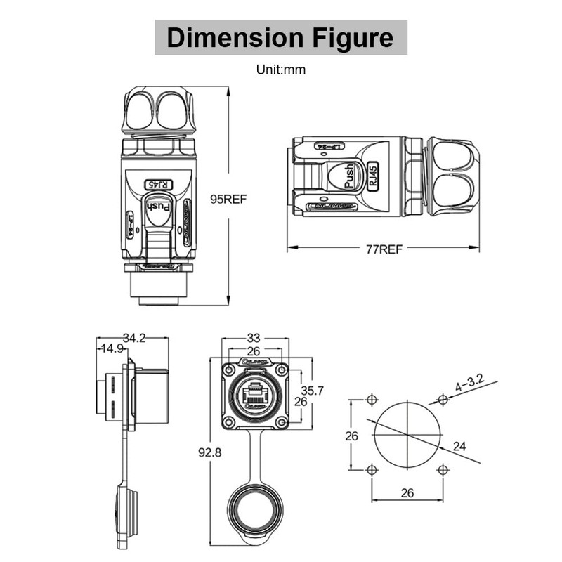 RJ45 Waterproof Connector, IP67 Industrial Ethernet Jack with Plug Dust