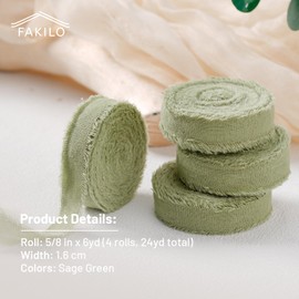 FAKILO Natural Rustic Cotton Ribbon with Frayed Edge, Sage Green 100% Cotton Ribbon 5/8" x 24yds for Vintage Wedding Bouquets,Invitations,Baby Shower,Gift Wrapping,DIY Crafts,Home Decor