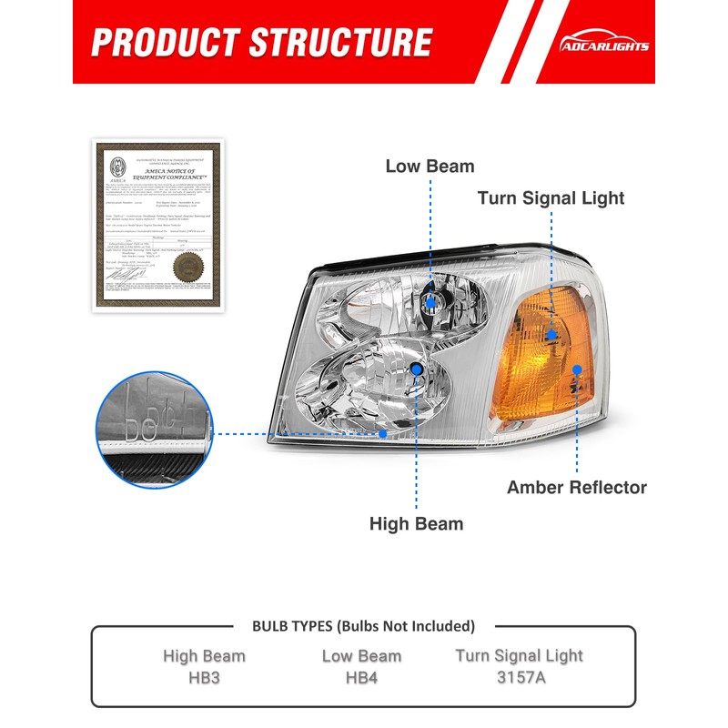 ADCARLIGHTS for 2002-2009 GMC Envoy Halogen Headlight W/O Bulbs
