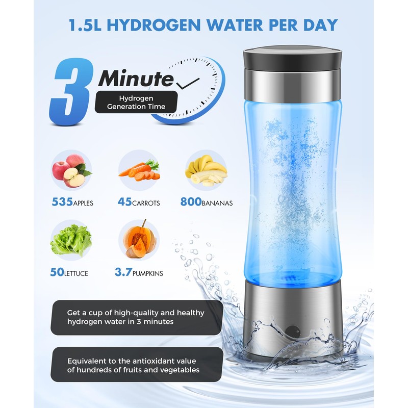 Hydrogen Water Bottle, Hydrogen Water Bottle Generator,3-Min Electrolysis Smart Water