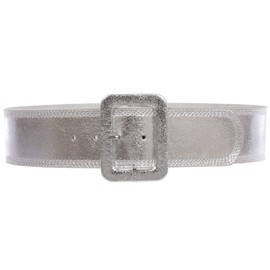 Women's 2 1/4" Wide High Waist Rectangular Stitch-edged Leather Belt, Silver | S/M-32"