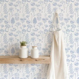 Mushroom Wallpaper Peel and Stick Vintage Floral Contact Paper Boho Self Adhesive Blue Removable Wallpaper Mushroom Forest Decorative Contact Paper for Bathroom Cabinets Vinyl 17.3" x 78.7"