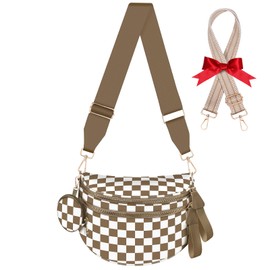 Bum Bags for Women Checkered Crossbody Bag with Removable Wallets Large Nylon Belt Purse Fanny Packs, Bonus with a Extra Strap (Brown Checkered)