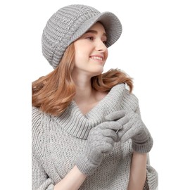 BYOS Women's Winter Metallic Cable Fleece Lined Knit Newsboy Visor Cap & Gloves Set