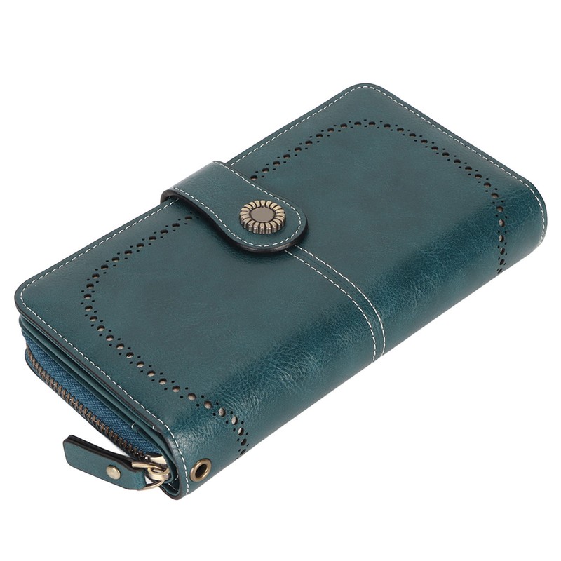 RFID Blocking Leather Wallet Large Capacity Double Snap Button Women