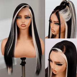 BLL Lace Front Wig, Skunk Stripe Wig 13X4 Lace Wig Pre Plucked Glueless Synthetic Lace Front Wigs Heat Resistant Long Straight Black and Blonde Wig 26inch