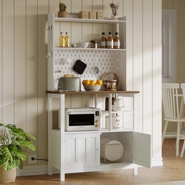 ChooChoo Bakers Rack with Power Outlet, Microwave Stand Kitchen Cabinet with Storage, Coffee Bar Cabinet with Hutch and Pegboard and Side Hooks, Soft White